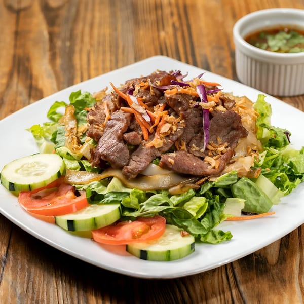 Sen Noodle House's Asian-fusion beef salad with lettuce, cucumbers, tomatoes, and a side of sauce.