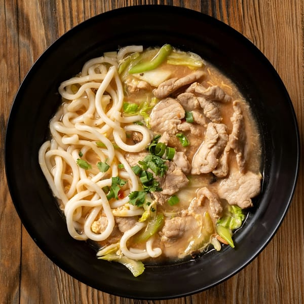 A black bowl of Sen Noodle House's Asian-fusion udon noodles with pork, cabbage, and broth.