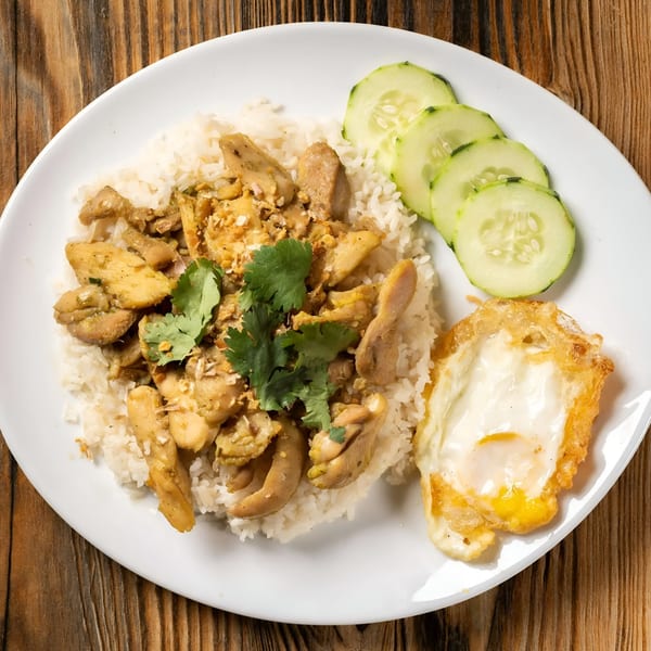 Sen Noodle House's garlic chicken with rice, fried egg, and cucumber slices on a white plate.