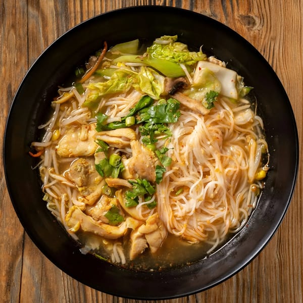 A black bowl of Sen Noodle House's chicken noodle soup with vegetables on a wooden table.