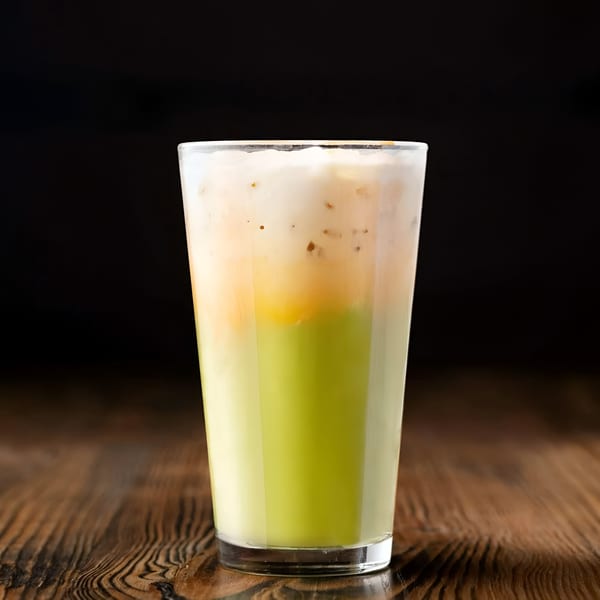 A tall glass of layered green, orange, and white drink with ice on a wooden table.