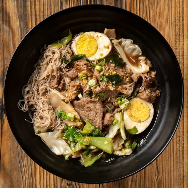 A black bowl of Sen Noodle House's beef noodle soup with eggs, vegetables, and wontons.
